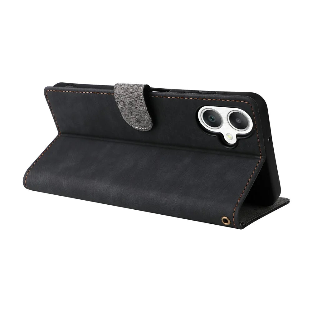 For Samsung Galaxy A08 5G / A08 4G / A07 4G Case Wallet RFID Blocking PU Leather Phone Cover Stand with Strap - Black - 4