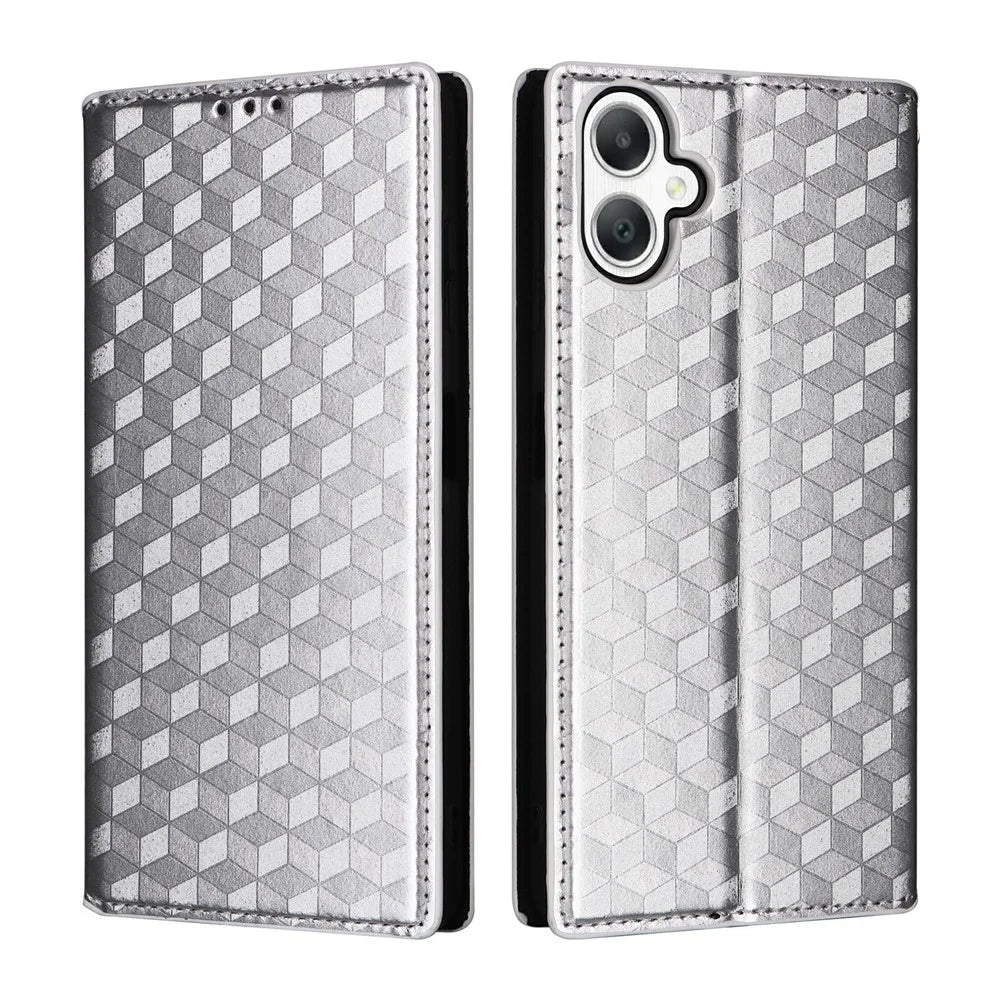 For Samsung Galaxy A08 5G / A08 4G / A07 4G Case Wallet Rhombus Imprint Leather Phone Cover - Silver - 1