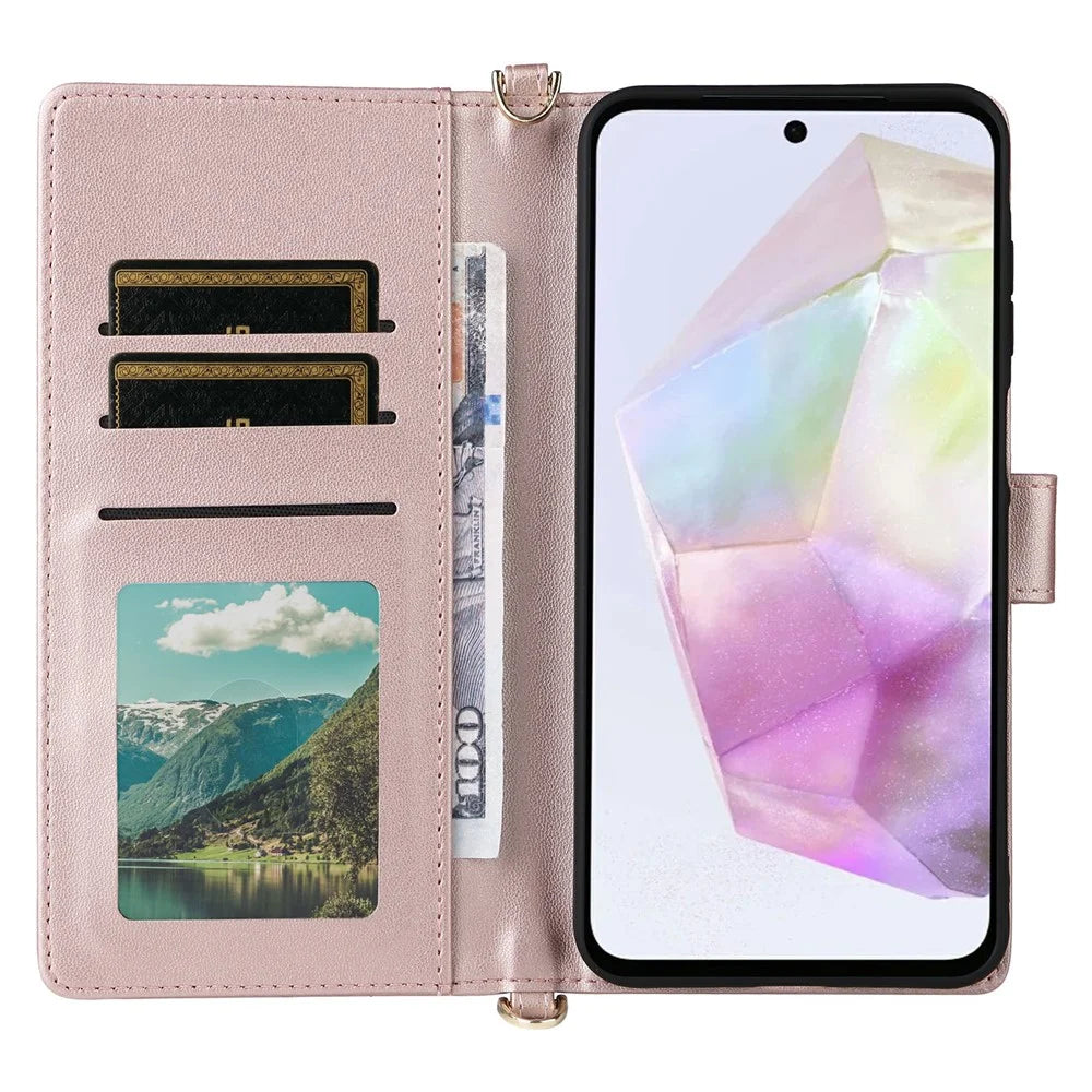 For Samsung Galaxy A18 5G / A18 4G / A17 5G / A17 4G Case with Shoulder / Wrist Strap Leather Phone Cover Stand Wallet - Pink - 3
