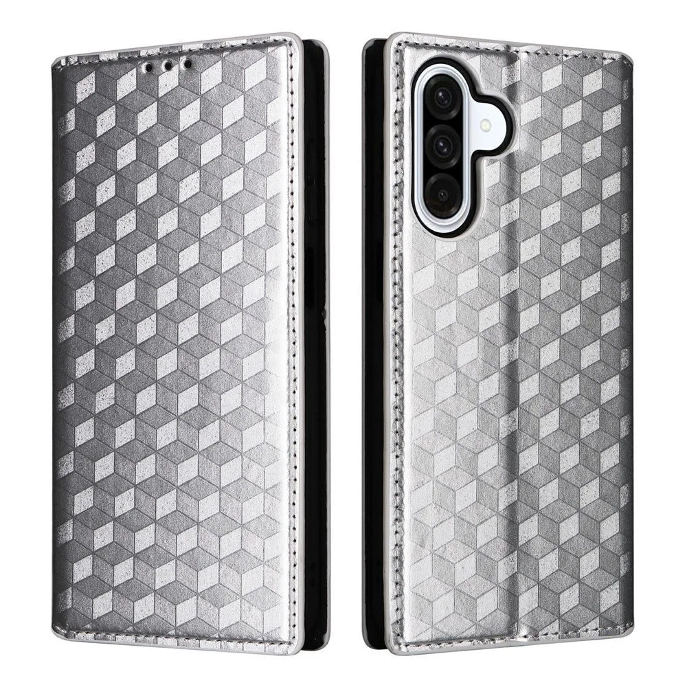 For Samsung Galaxy A18 5G / A18 4G / A17 5G / A17 4G Case Wallet Rhombus Imprint Leather Phone Cover - Silver - 1