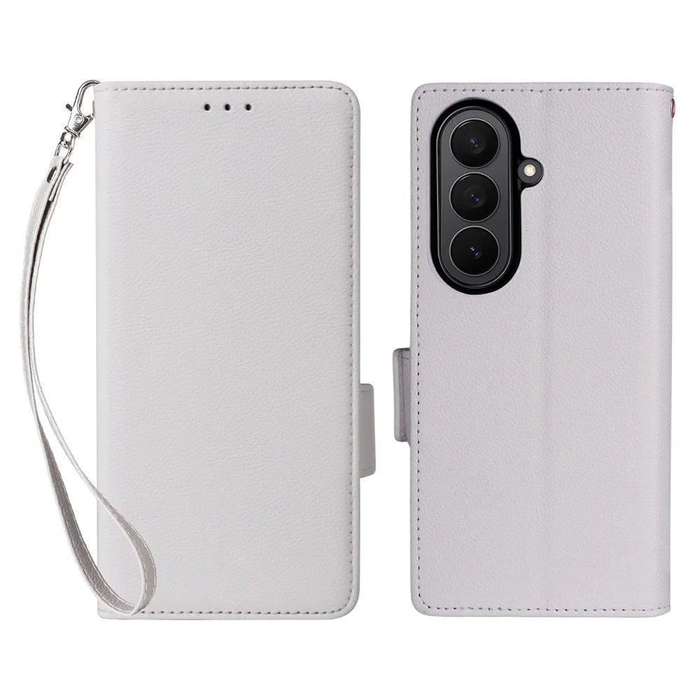 For Samsung Galaxy Z Fold7 5G Case with Wrist Strap Litchi Texture PU Leather Wallet Phone Cover - White - 1