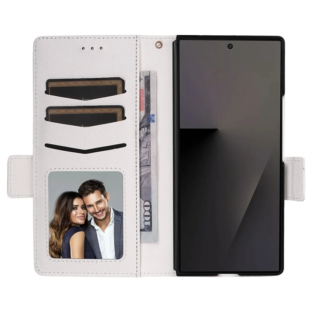 For Samsung Galaxy Z Fold7 5G Case with Wrist Strap Litchi Texture PU Leather Wallet Phone Cover - White - 3