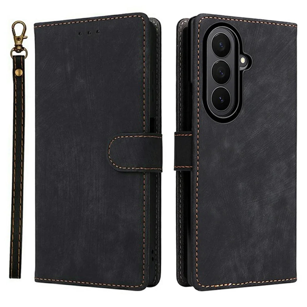 For Samsung Galaxy Z Fold7 5G Case Wallet RFID Blocking PU Leather Phone Cover Stand with Strap - Black - 1