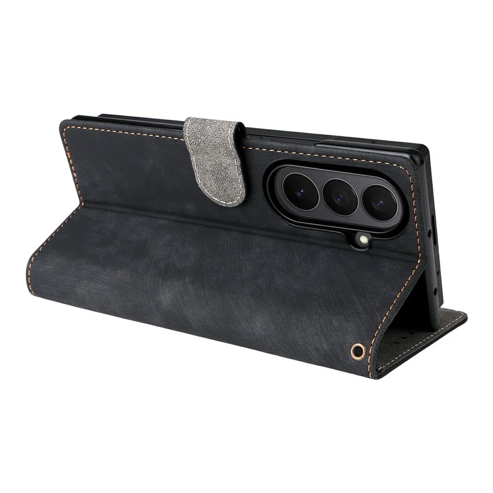 For Samsung Galaxy Z Fold7 5G Case Wallet RFID Blocking PU Leather Phone Cover Stand with Strap - Black - 6