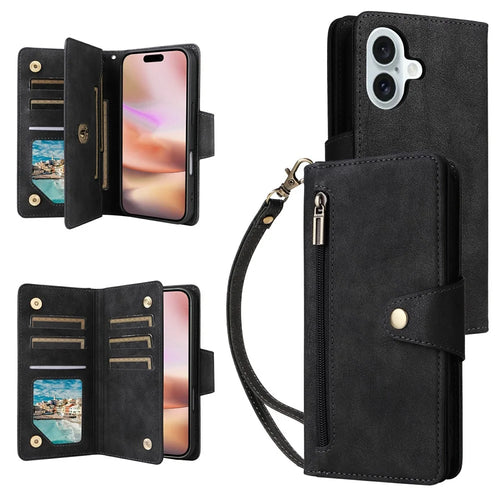 For iPhone 17 Case Zipper Wallet Rivet Decor Leather Phone Cover with Wrist Strap - Black - 1