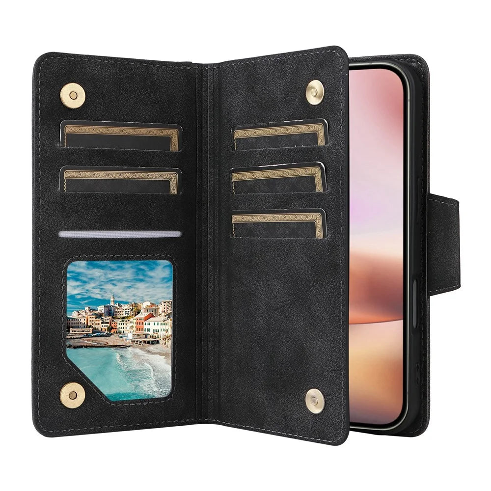 For iPhone 17 Case Zipper Wallet Rivet Decor Leather Phone Cover with Wrist Strap - Black - 2