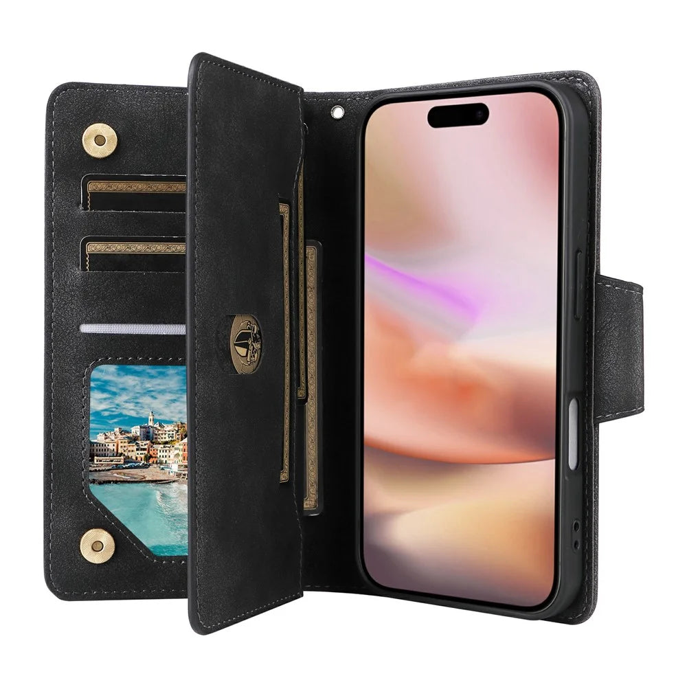 For iPhone 17 Case Zipper Wallet Rivet Decor Leather Phone Cover with Wrist Strap - Black - 3
