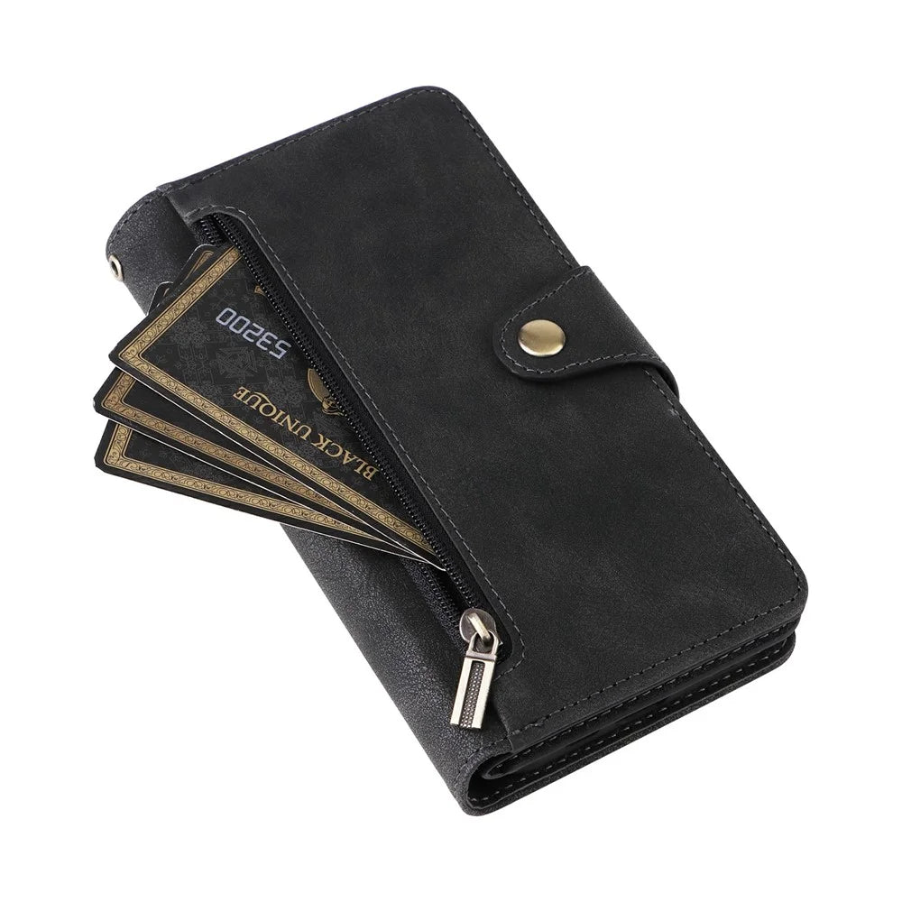 For iPhone 17 Case Zipper Wallet Rivet Decor Leather Phone Cover with Wrist Strap - Black - 4