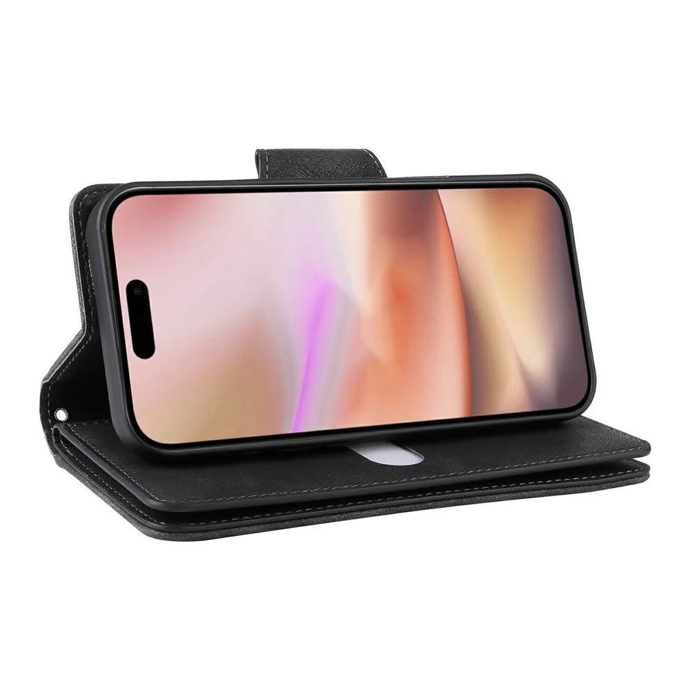 For iPhone 17 Case Zipper Wallet Rivet Decor Leather Phone Cover with Wrist Strap - Black - 5