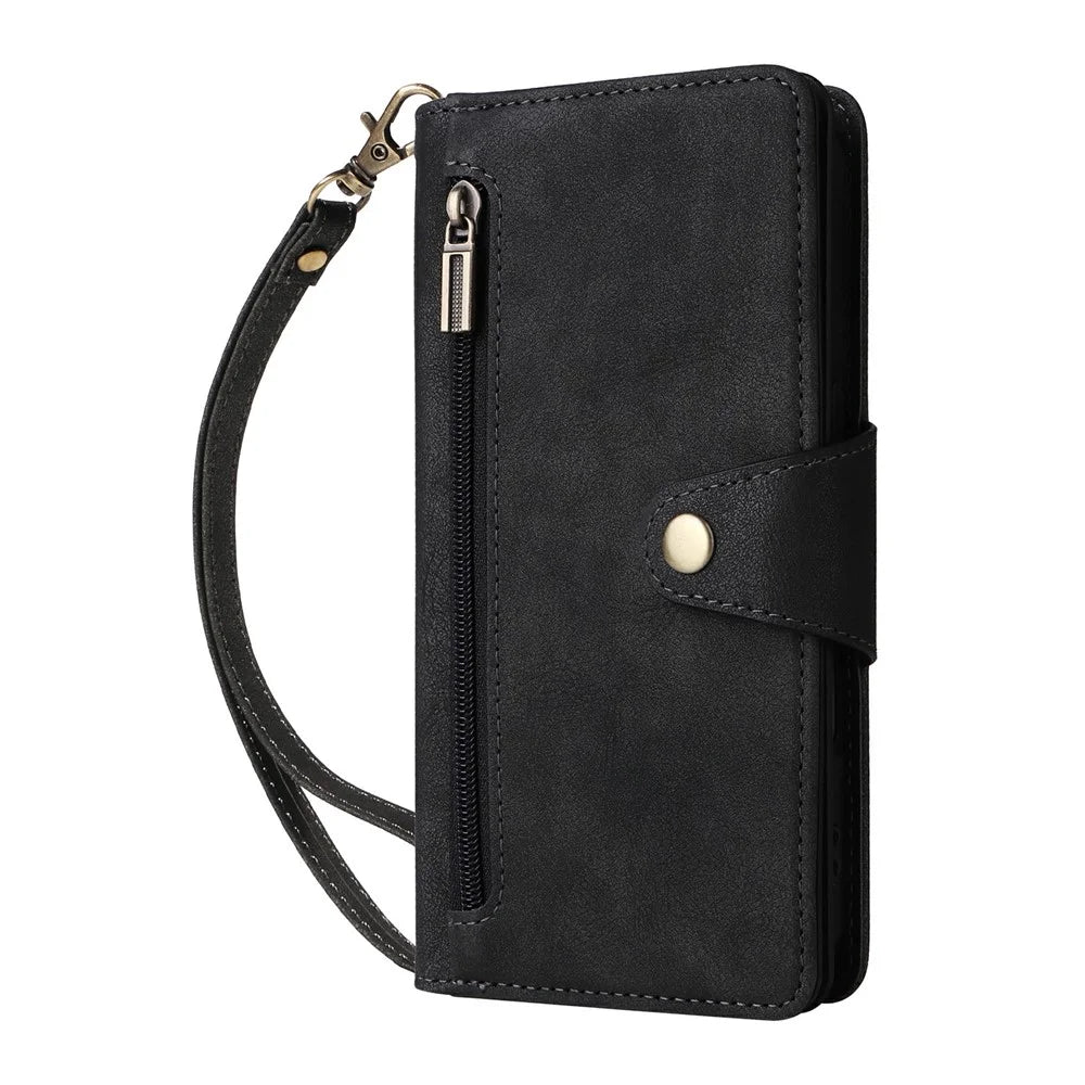 For iPhone 17 Case Zipper Wallet Rivet Decor Leather Phone Cover with Wrist Strap - Black - 6
