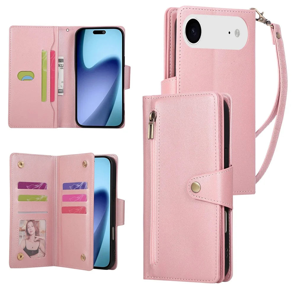 For iPhone Air Case Zipper Wallet Rivet Decor Leather Phone Cover with Wrist Strap - Rose Gold - 1
