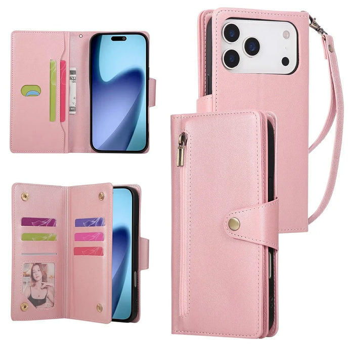 For iPhone 18 Pro / 17 Pro Case Zipper Wallet Rivet Decor Leather Phone Cover with Wrist Strap - Rose Gold - 1