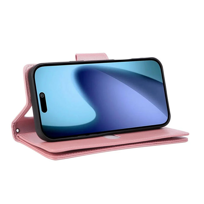 For iPhone 18 Pro / 17 Pro Case Zipper Wallet Rivet Decor Leather Phone Cover with Wrist Strap - Rose Gold - 4