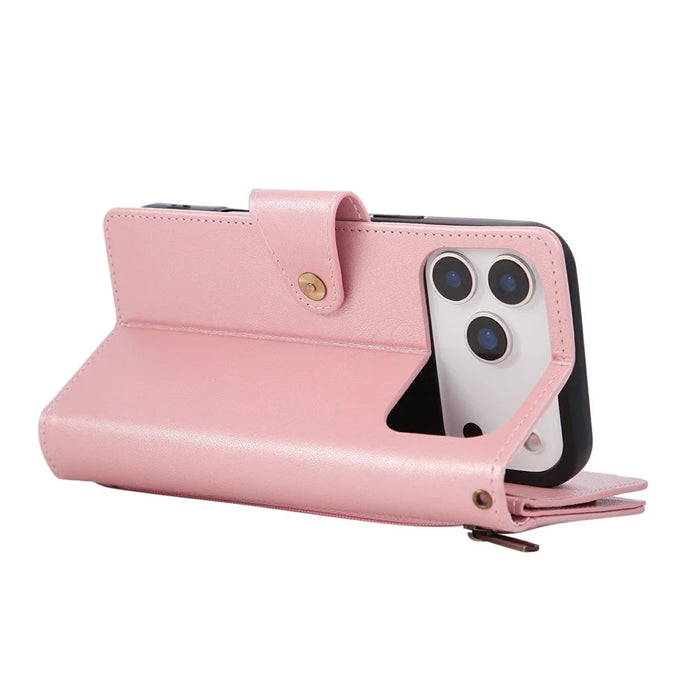 For iPhone 18 Pro / 17 Pro Case Zipper Wallet Rivet Decor Leather Phone Cover with Wrist Strap - Rose Gold - 5