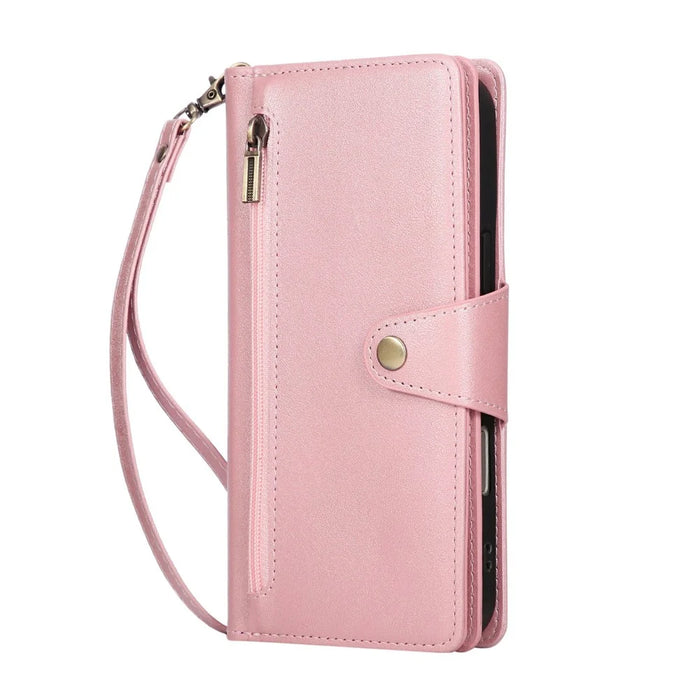 For iPhone 18 Pro / 17 Pro Case Zipper Wallet Rivet Decor Leather Phone Cover with Wrist Strap - Rose Gold - 6
