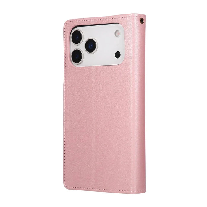 For iPhone 18 Pro / 17 Pro Case Zipper Wallet Rivet Decor Leather Phone Cover with Wrist Strap - Rose Gold - 7