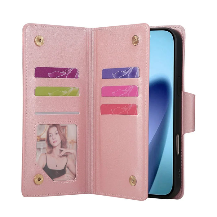 For iPhone 18 Pro Max / 17 Pro Max Case Zipper Wallet Rivet Decor Leather Phone Cover with Wrist Strap - Rose Gold - 3