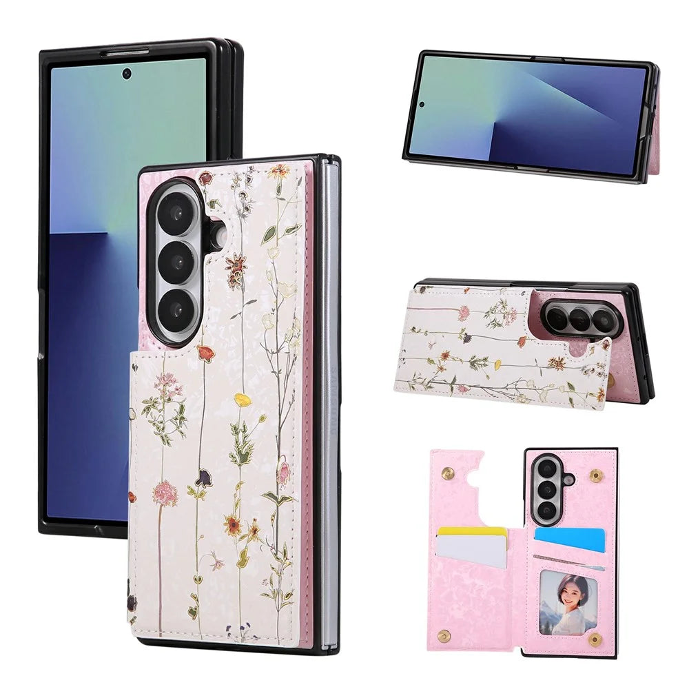 For Samsung Galaxy Z Fold7 5G Case Flower Leather PC RFID Blocking Phone Cover Card Slots - Dried Flower - 1