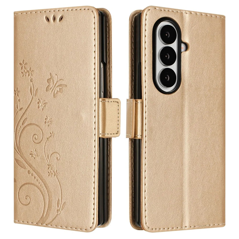 For Samsung Galaxy Z Fold7 5G Leather Wallet Case Butterfly Flower Imprint Phone Cover with Strap - Gold - 1