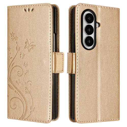 For Samsung Galaxy Z Fold7 5G Leather Wallet Case Butterfly Flower Imprint Phone Cover with Strap - Gold - 1