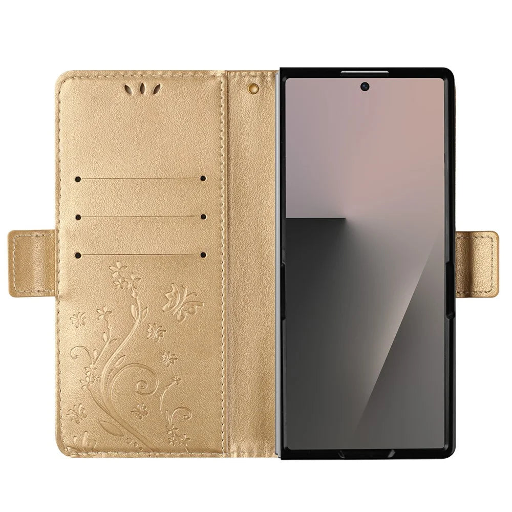 For Samsung Galaxy Z Fold7 5G Leather Wallet Case Butterfly Flower Imprint Phone Cover with Strap - Gold - 2