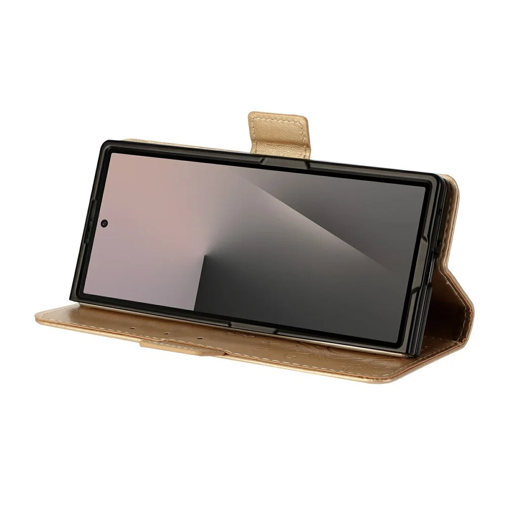 For Samsung Galaxy Z Fold7 5G Leather Wallet Case Butterfly Flower Imprint Phone Cover with Strap - Gold - 3