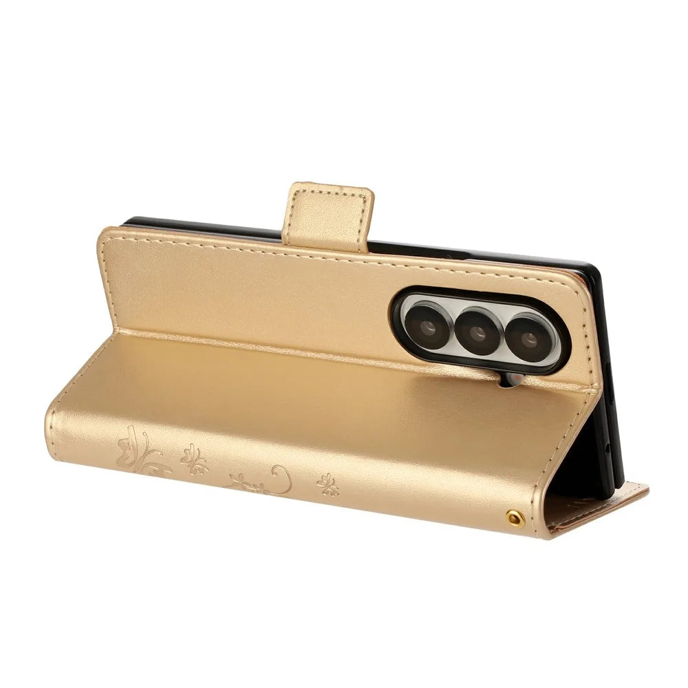 For Samsung Galaxy Z Fold7 5G Leather Wallet Case Butterfly Flower Imprint Phone Cover with Strap - Gold - 4