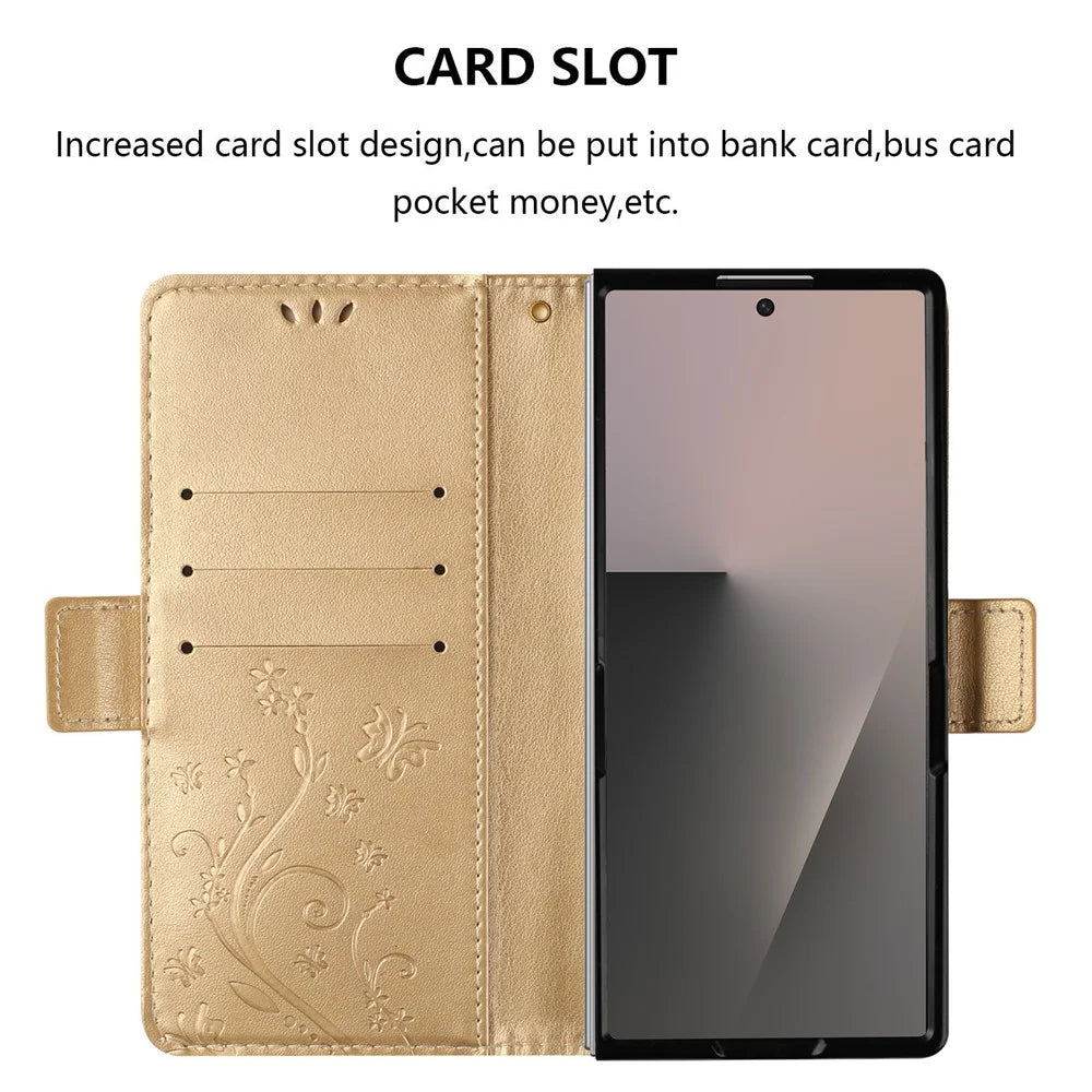 For Samsung Galaxy Z Fold7 5G Leather Wallet Case Butterfly Flower Imprint Phone Cover with Strap - Gold - 5