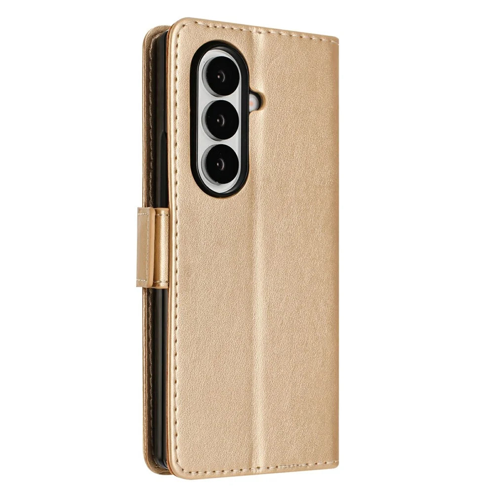 For Samsung Galaxy Z Fold7 5G Leather Wallet Case Butterfly Flower Imprint Phone Cover with Strap - Gold - 7