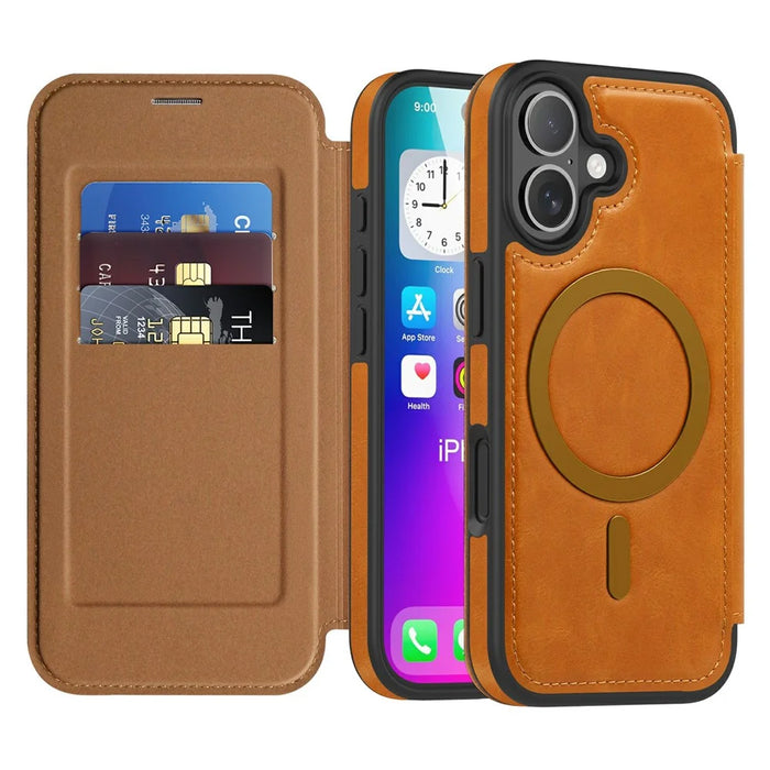 For iPhone 17 Case Compatible with MagSafe RFID Blocking Card Holder Leather Phone Cover - Brown - 2