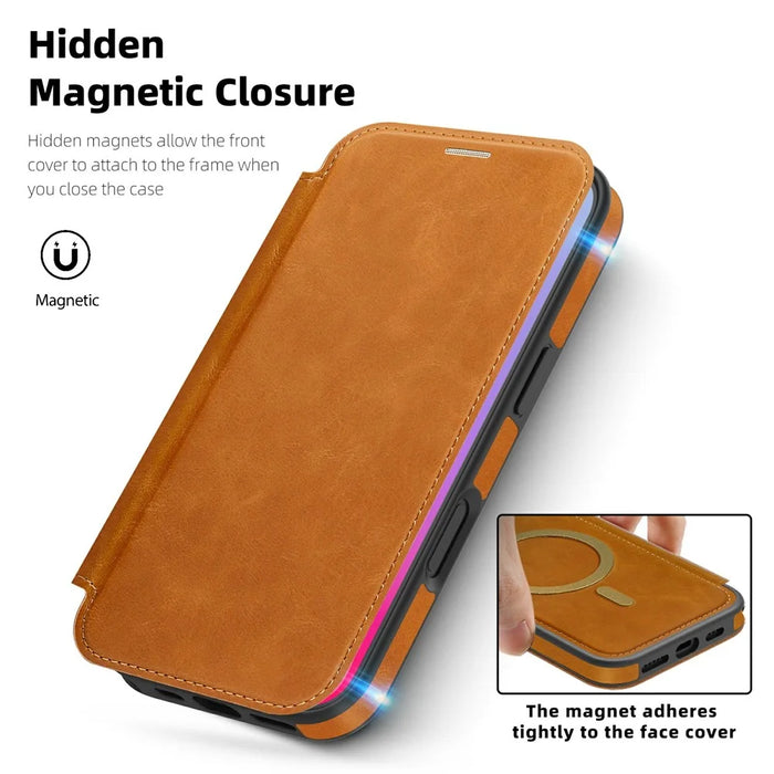 For iPhone 17 Case Compatible with MagSafe RFID Blocking Card Holder Leather Phone Cover - Brown - 5