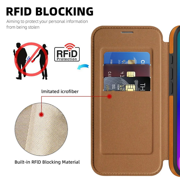 For iPhone 17 Case Compatible with MagSafe RFID Blocking Card Holder Leather Phone Cover - Brown - 6
