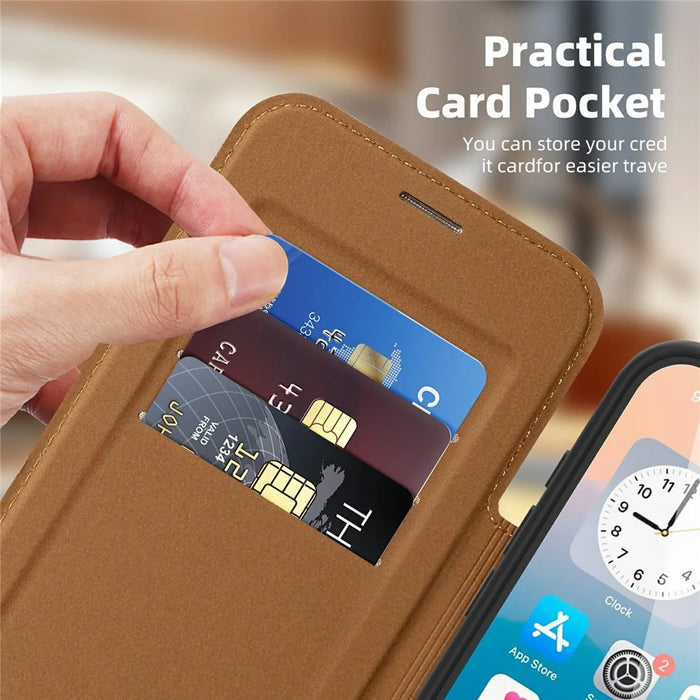 For iPhone 17 Pro Case Compatible with MagSafe RFID Blocking Card Holder Leather Phone Cover - Brown - 3