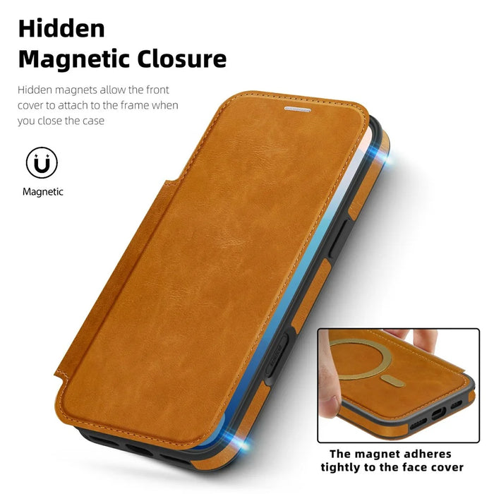 For iPhone 17 Pro Case Compatible with MagSafe RFID Blocking Card Holder Leather Phone Cover - Brown - 5