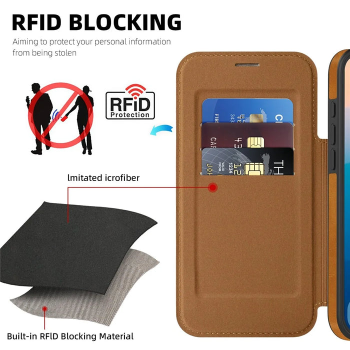 For iPhone 17 Pro Case Compatible with MagSafe RFID Blocking Card Holder Leather Phone Cover - Brown - 6