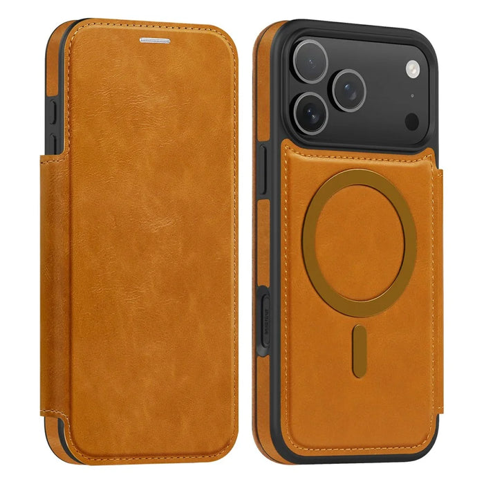 For iPhone 17 Pro Max Case Compatible with MagSafe RFID Blocking Card Holder Leather Phone Cover - Brown - 1