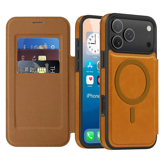 For iPhone 17 Pro Max Case Compatible with MagSafe RFID Blocking Card Holder Leather Phone Cover - Brown - 2