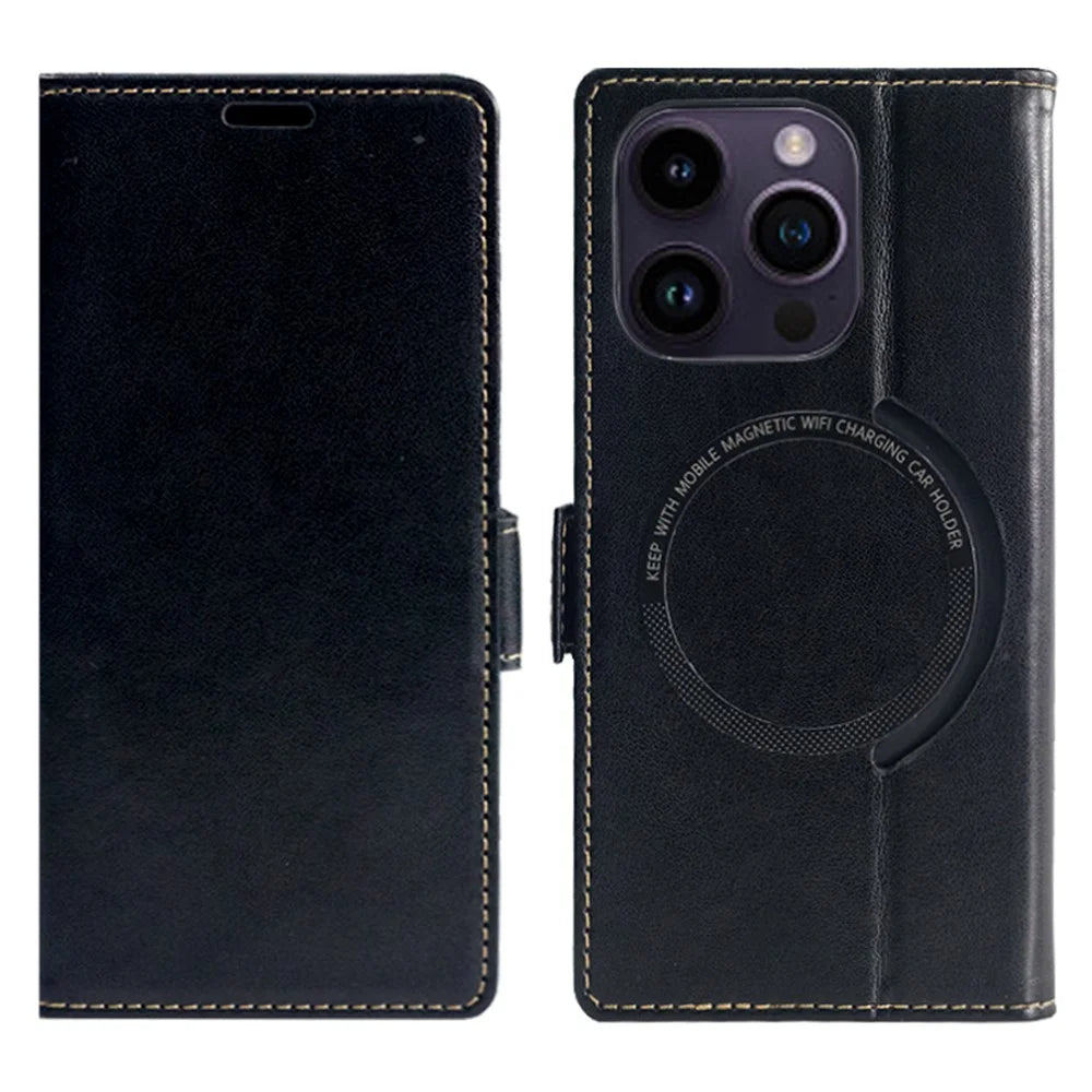 For iPhone 15 Pro Case Compatible with MagSafe Wallet Stand Leather Flip Phone Cover - Black - 1
