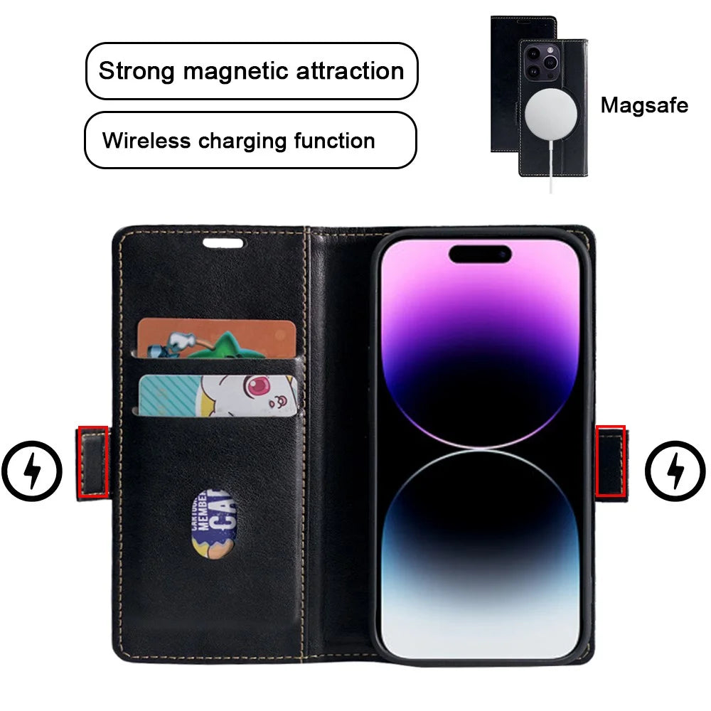 For iPhone 15 Pro Case Compatible with MagSafe Wallet Stand Leather Flip Phone Cover - Black - 2