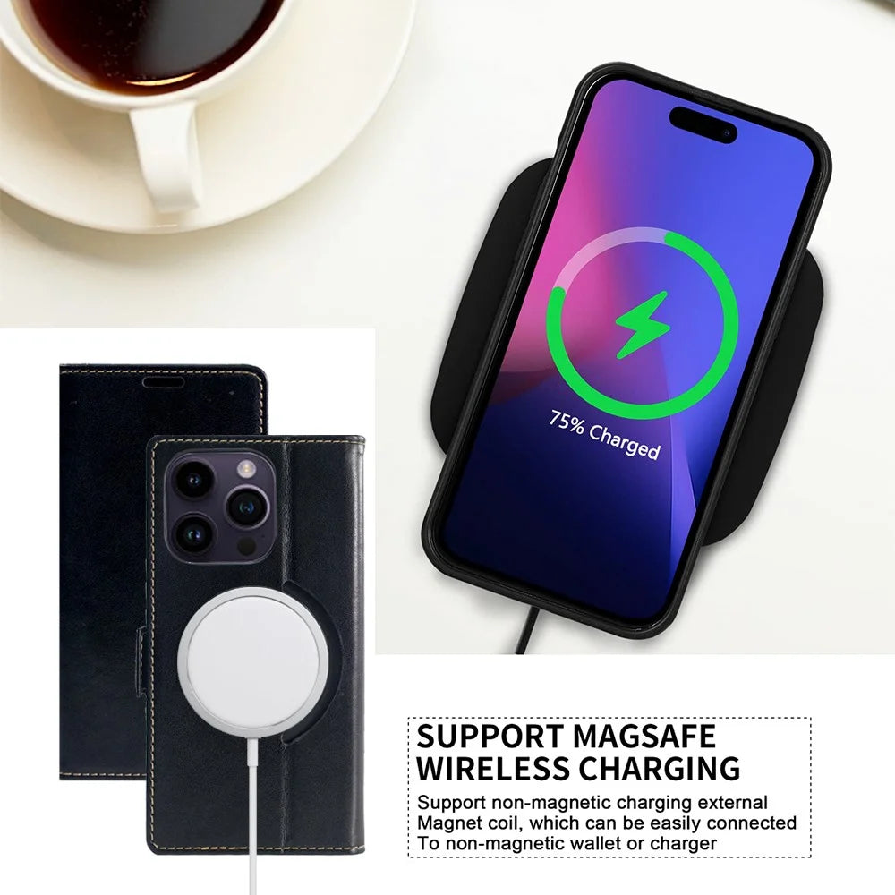 For iPhone 15 Pro Case Compatible with MagSafe Wallet Stand Leather Flip Phone Cover - Black - 4