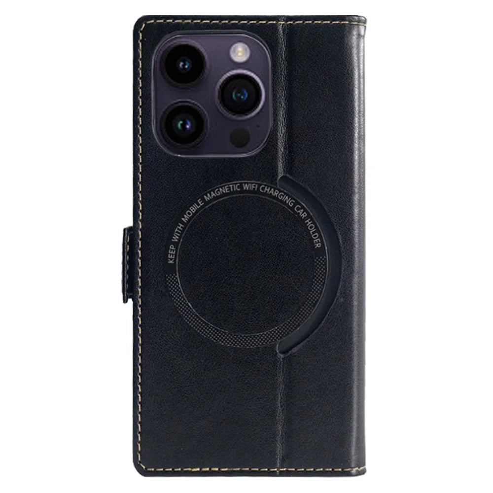 For iPhone 15 Pro Case Compatible with MagSafe Wallet Stand Leather Flip Phone Cover - Black - 7