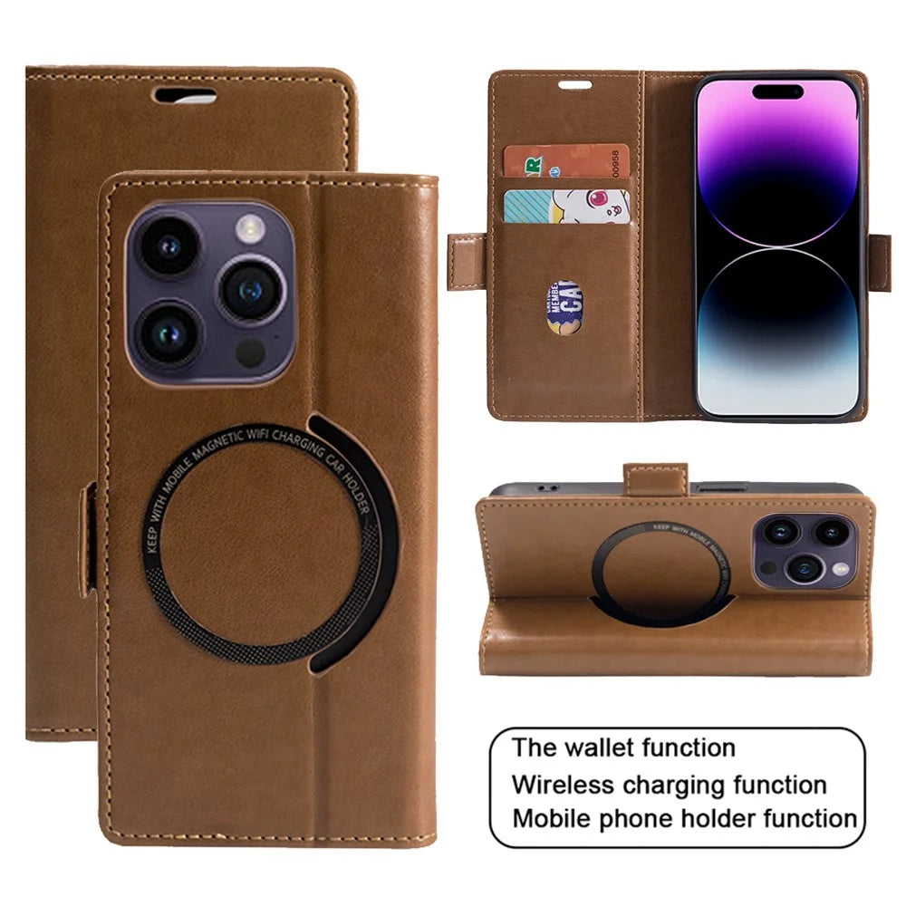 For iPhone 15 Pro Max Case Compatible with MagSafe Wallet Stand Leather Flip Phone Cover - Dark Brown - 3