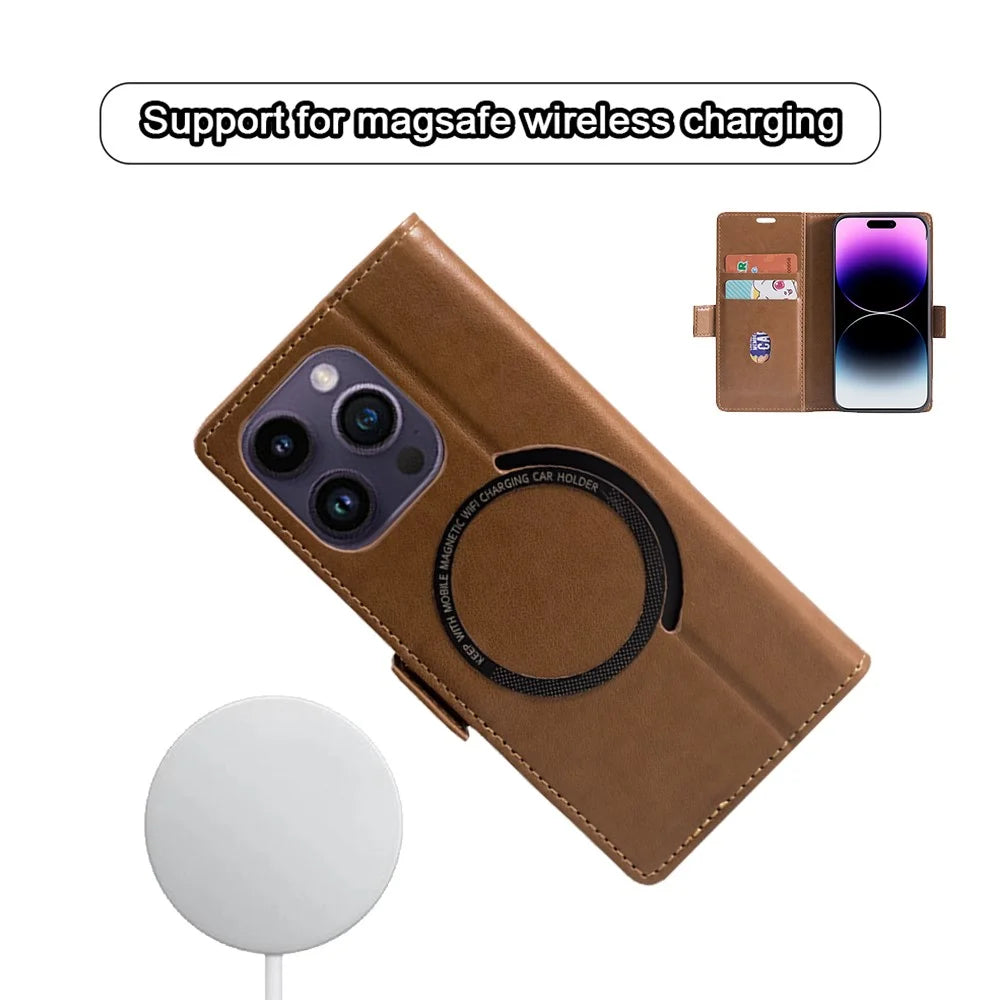 For iPhone 15 Pro Max Case Compatible with MagSafe Wallet Stand Leather Flip Phone Cover - Dark Brown - 5