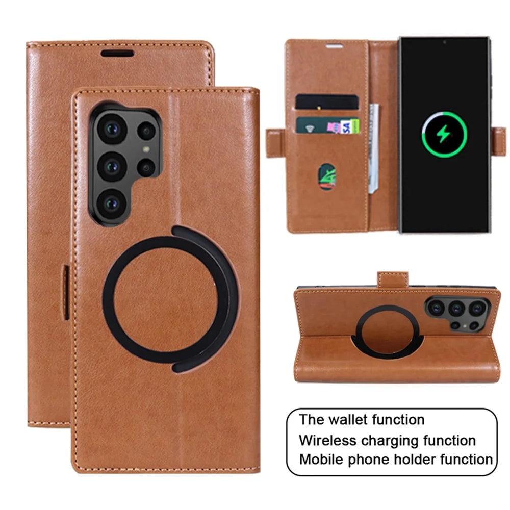 For Samsung Galaxy S24 Ultra Magnetic Case Wallet Stand Leather Flip Phone Cover - Dark Brown - 3