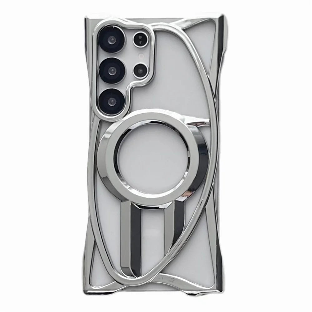 For Samsung Galaxy S25 Ultra Magnetic Case Frameless Electroplated Hollow Design TPU Phone Cover - Silver - 1