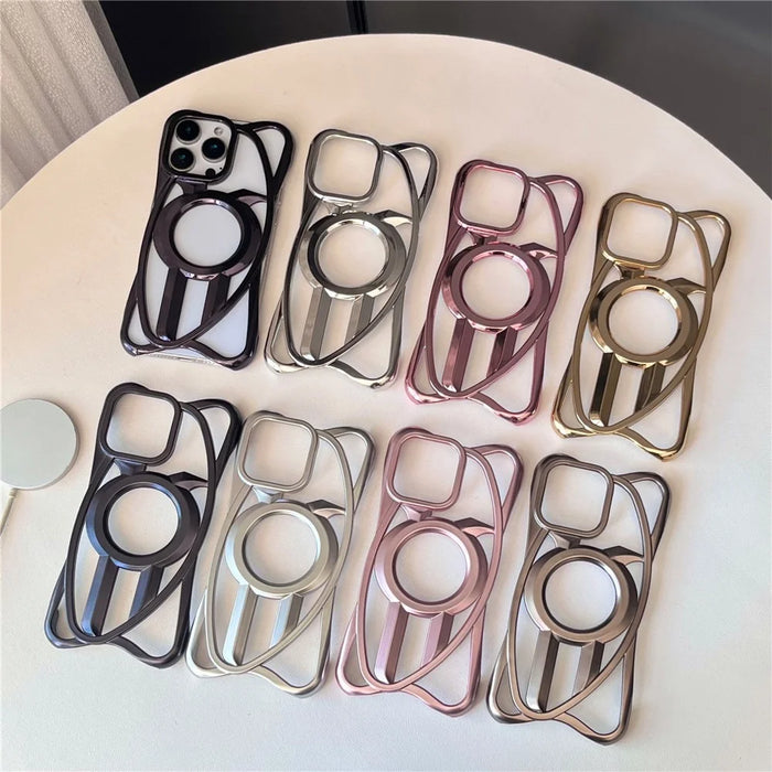For iPhone 16 Pro Case Compatible with MagSafe Frameless Electroplated Hollow Design TPU Phone Cover - Black - 6