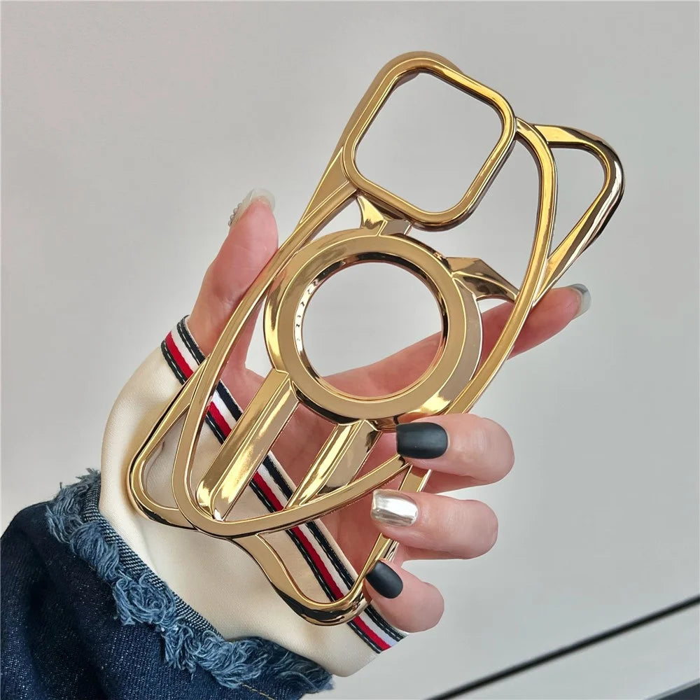 For iPhone 16 Pro Max Case Compatible with MagSafe Frameless Electroplated Hollow Design TPU Phone Cover - Desert Gold - 2