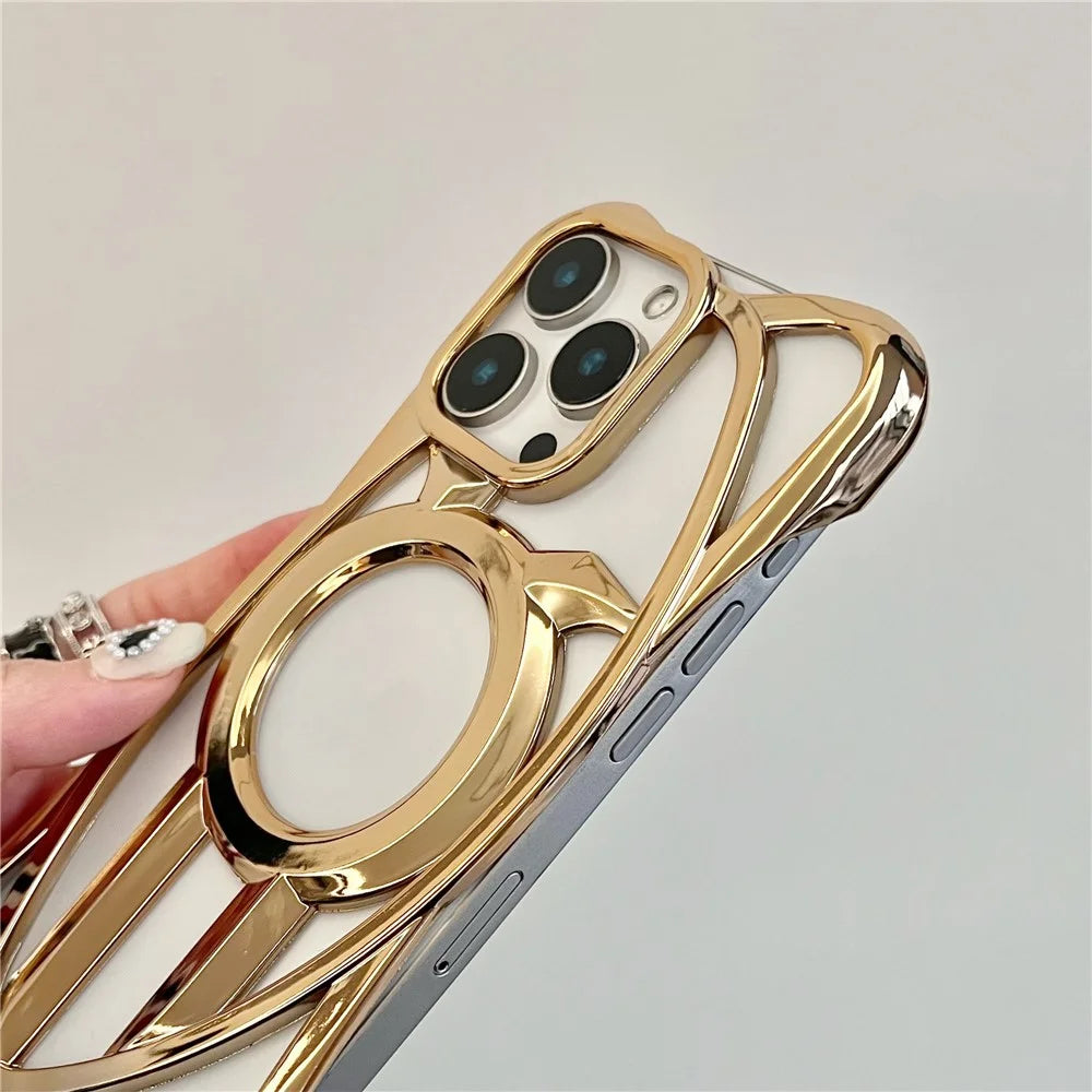 For iPhone 16 Pro Max Case Compatible with MagSafe Frameless Electroplated Hollow Design TPU Phone Cover - Desert Gold - 4