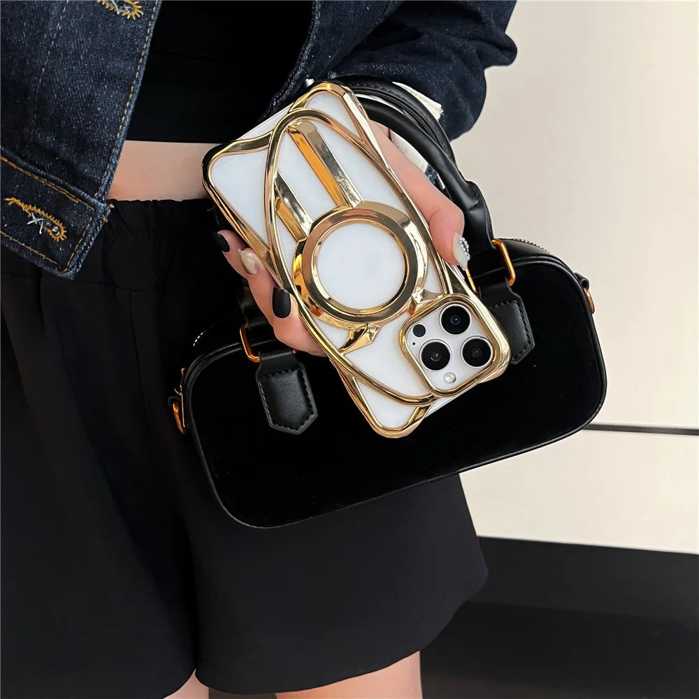 For iPhone 16 Pro Max Case Compatible with MagSafe Frameless Electroplated Hollow Design TPU Phone Cover - Desert Gold - 5