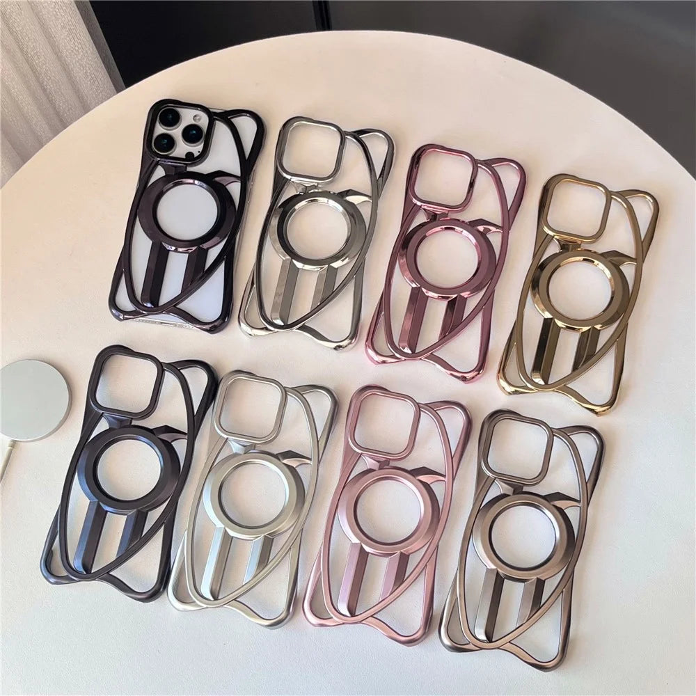 For iPhone 16 Pro Max Case Compatible with MagSafe Frameless Electroplated Hollow Design TPU Phone Cover - Desert Gold - 6